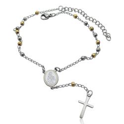Bracciale rosario in acciaio bicolore con croce e madonna miracolosa e grani da 3 mm bianco-giallo