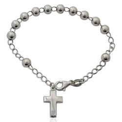 Bracciale rosario in argento 925 rodiato cm 21 pallina liscia da 6 mm con croce 21x12