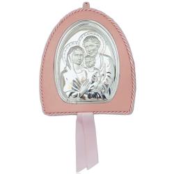 Capoculla medaglione rosa cm 15x13 Sacra Famiglia in pelle e argento