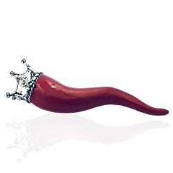 Ciondolo corno con corona a punte cm 12 in argento microfono brunito titolo 800 e smalto rosso