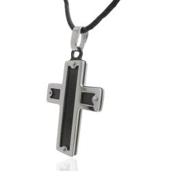 Ciondolo croce quadrata mm 40x25 in acciaio lucido con inserto placcato rutenio e con collana in seta cerata
