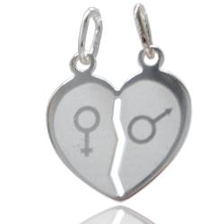 Ciondolo cuore divisibile mm 20x20 con gamete maschile e femminile in argento 925 satinato bianco-personalizzabile-