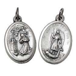 Ciondolo medaglia ovale mm 26x16 in metallo argentato con Santa Rita e San Raffaele