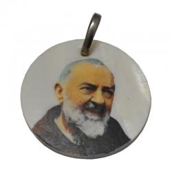 Ciondolo medaglia tonda di Padre Pio in madreperla