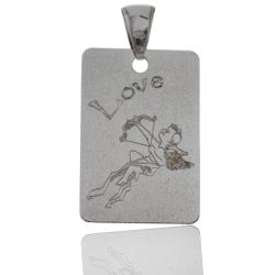Ciondolo Targhetta mm 33x22 in argento 925 rodiato con scritta Love e Cupido in azione - Personalizzabile -