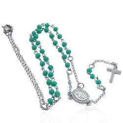 Collana a rosario acciaio cm 45 con croce e madonna miracolosa con strass bianchi e pietra verde tiffany faccettata da 3 mm