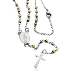 Collana a rosario in acciaio bicolore cm 50 con croce e madonna miracolosa e pallina liscia da 3 mm