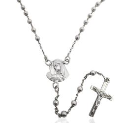 Collana a rosario cm 60 in argento 925 rodiato con pallina liscia 4 mm con croce e madonna grande centrale