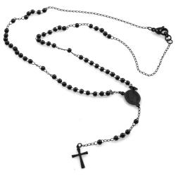 Collana rosario in acciaio placcato rutenio con croce e madonna, grani mm 3