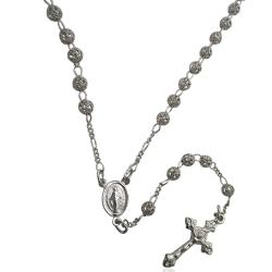 Collana a rosario maglia figaro 3+1 cm 60 con madonna miracolosa e croce e grani da 5 mm in filigrana di argento titolo 925