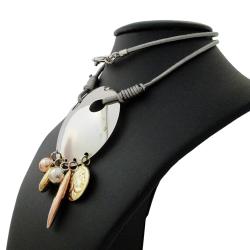 Collana cleopatra in argento 925 rodiato e cuoio con cerchio mm 45 con pendenti