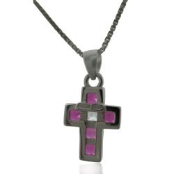 Collana con croce in argento 925 rodiato mm 15x9 con zirconi viola e bianco