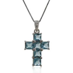 Collana con croce in argento 925 rodiato mm 25x17 con zirconi acquamarina