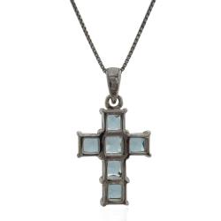 Collana con croce in argento 925 rodiato mm 25x17 con zirconi acquamarina