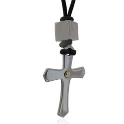 Collana con ciondolo croce mm 27 in acciaio lucido e oro con punte a spada