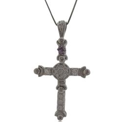 Collana con croce celtica in argento 925 rodiato mm 60x34 con zirconi bianchi e viola