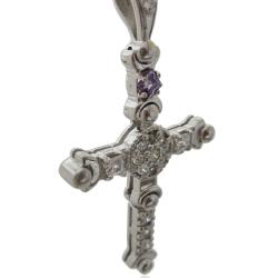 Collana con croce celtica in argento 925 rodiato mm 60x34 con zirconi bianchi e viola