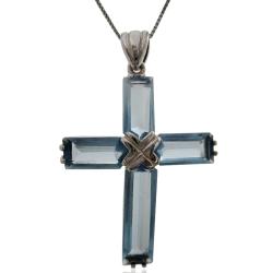 Collana con croce in argento 925 rodiato mm 49x36 con pietre in taglio ottogonali acquamarina