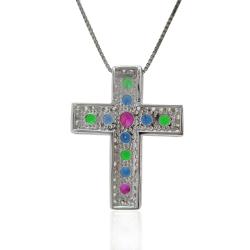 Collana con croce mm 32x25 in argento 925 rodiato con zirconi multicolor