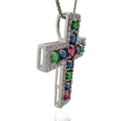 Collana con croce mm 32x25 in argento 925 rodiato con zirconi multicolor
