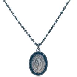 Collana forzatina cm 45 in argento 925 placcato rutenio con sfere faccettate da mm 1,8 e con medaglia ovale Madonna miracolosa con strass neri