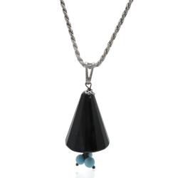 Collana funetta in argento 925 rodiato con ciondolo Cono in onice nera faccettata e sfere di turchese