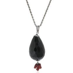 Collana funetta in argento 925 rodiato con ciondolo a goccia in onice nera faccettata e rametti di corallo