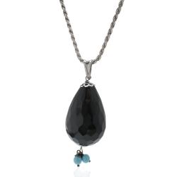 Collana funetta in argento 925 rodiato con ciondolo a goccia in onice nera faccettata e sfere di turchese