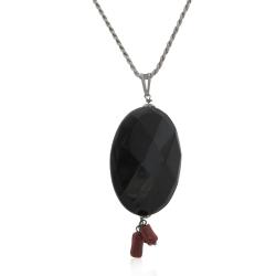 Collana funetta in argento 925 rodiato con ciondolo ovale in onice nera faccettata e rametti di corallo