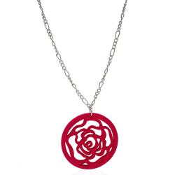 Collana in acciaio cm 70 a maglia figaro con ciondolo rosa in legno colorato
