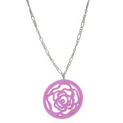 Collana in acciaio cm 70 a maglia figaro con ciondolo rosa in legno colorato