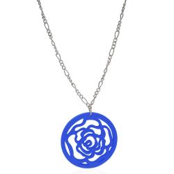 Collana in acciaio cm 70 a maglia figaro con ciondolo rosa in legno colorato