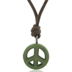 Collana in cotone cerato marrone con ciondolo simbolo della pace in aulite verde mm 15
