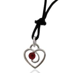 Collana in seta cerata nera con ciondolo cuore in metallo argentato mm 13x11 con strass rosso