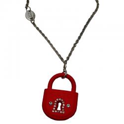 Collana kulto lock-me rosso in acciaio e policarbonato con strass bianchi cm 76