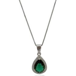 Collana a maglia veneziana con ciondolo goccia mm 14x10 in argento 925 rodiato con zirconi bianchi e centrale verde