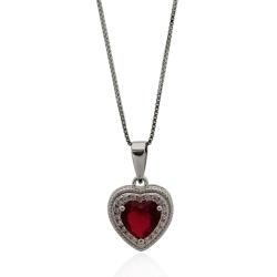 Collana a maglia veneziana con ciondolo Cuore mm 14x11 in argento 925 rodiato con zirconi bianchi e centrale rosso