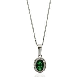Collana a maglia veneziana con ciondolo ovale mm 12x8 in argento 925 rodiato con zirconi bianchi e centrale verde