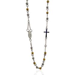 Collana rosario a giro cm 55 in acciaio bicolore bianco-placcato oro giallo con pallina liscia da 4 mm e con croce e madonna miracolosa