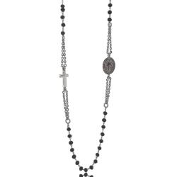 Collana rosario a giro  cm 65 in acciaio con croce e madonna e con pietre nere faccettate