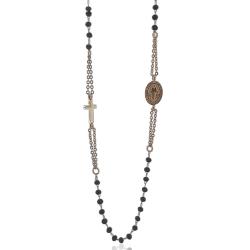 Collana rosario a giro cm 65 in acciaio dorato con croce e madonna e con pietre nere faccettate