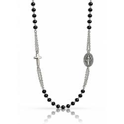 Collana rosario a giro in acciaio con croce e madonna e pietre nere faccettate