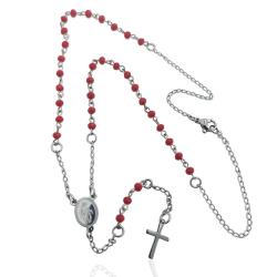 Collana rosario cm 45 in acciaio lucido con gruppi di 15 grani in pietra rossa faccettata mm 3