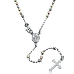 Collana rosario con pallina faccettata da 3 mm placcata rodio, oro giallo e rosa cm 50 in argento 925
