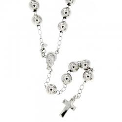 Collana a rosario cm 60 in argento 925 bianco con pallina da mm 6 e croce liscia e madonna centrale