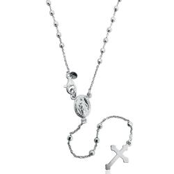 Collana rosario forzatina cm 45 con pallina faccettata mm 2,5 in argento 925 rodiato con madonna miracolosa e croce a lancia
