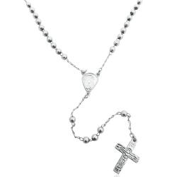 Collana rosario cm 45 in argento 925 rodiato con pallina liscia da 4 mm con croce incisa e madonna centrale mm 14x11