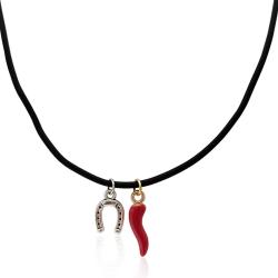 Collana portafortuna bicolore in caucciù acciaio e smalto rosso con corno e ferro di cavallo