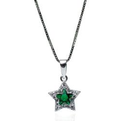 Collana a maglia veneziana con ciondolo stella mm 14x12 in argento 925 rodiato con zirconi bianchi e centrale verde
