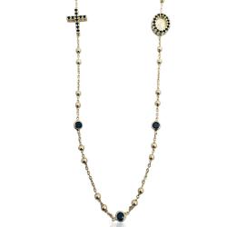 Collier a rosario cm 45 in argento 925 placcato oro giallo con croce, madonna e tramezzi con zirconi neri